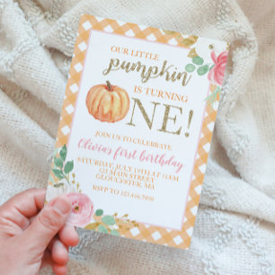 Invitation Notre petit citrouille or et floral pour le premie