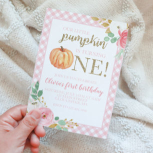 Invitation Notre petit citrouille or et floral pour le premie