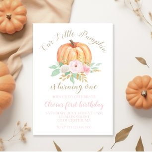 Invitation Notre petit citrouille or et floral premier annive