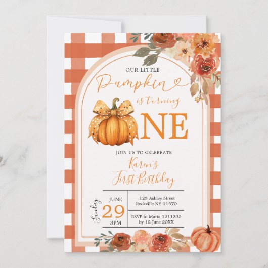 Invitation Notre petit Citrouille Orange En vichy 1er anniver (Devant)