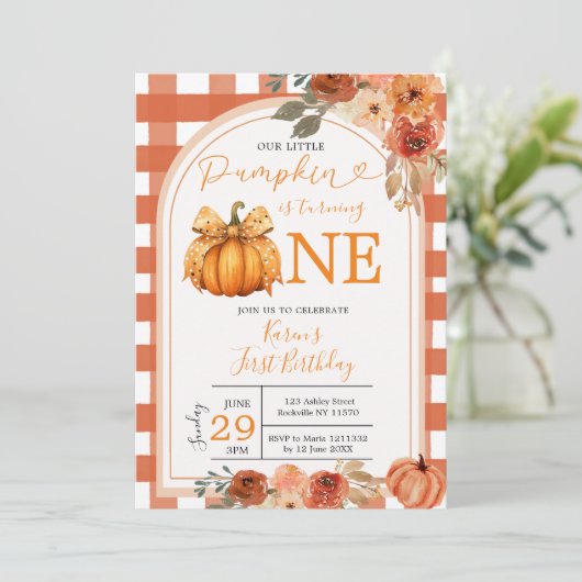 Invitation Notre petit Citrouille Orange En vichy 1er anniver (Debout devant)