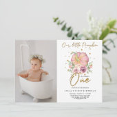 Invitation Notre petit Citrouille photo rose premier annivers (Debout devant)