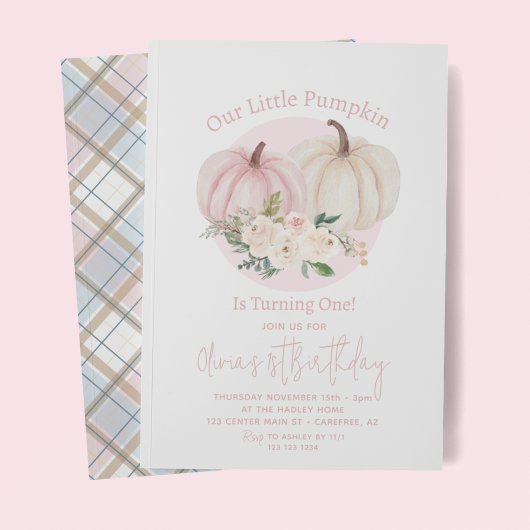 Invitation Notre Petit Citrouille Rose Floral 1er anniversair