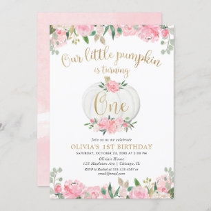 Invitation Notre petit citrouille rose or floral 1er annivers