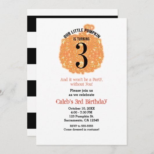 Invitation Notre Petit Citrouille TROIS 3e fête d'anniversair (Devant / Derrière)