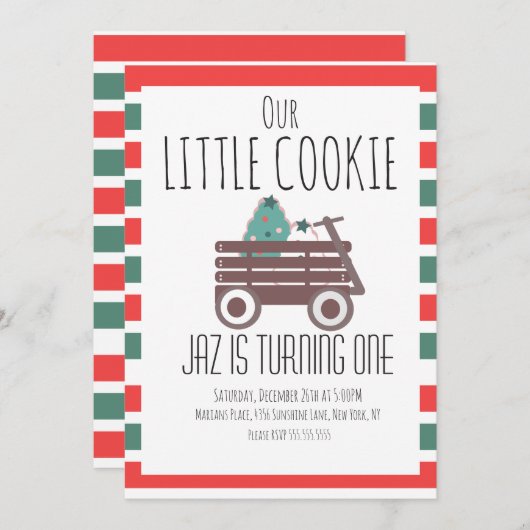 Invitation Notre Petit Cookie Noël Premier Anniversaire Wagon (Devant / Derrière)