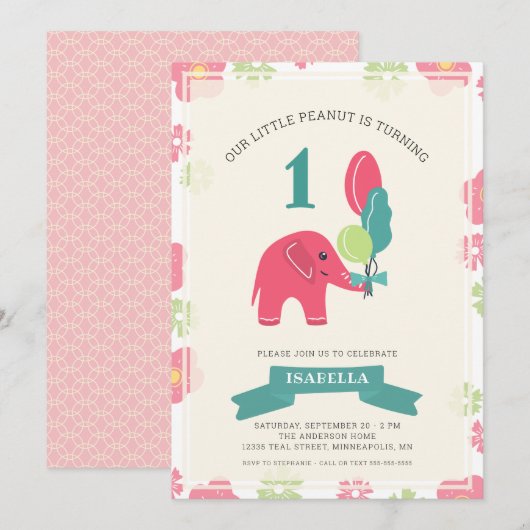 Invitation Notre petit éléphant d'arachide | Fille 1er annive (Devant / Derrière)