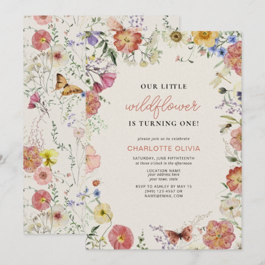 Invitation Notre Petit Fleur sauvage 1er anniversaire Fleurs (Devant / Derrière)