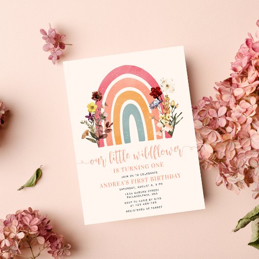 Invitation Notre petit Fleur sauvage Rainbow Girl 1er anniver