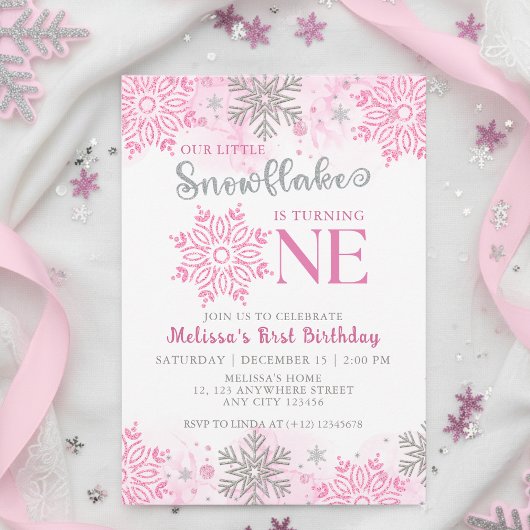 Invitation Notre petit Flocon de neige rose Argent d'hiver An