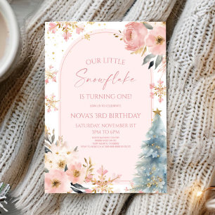 Invitation Notre Petit Flocon de neige rose fête d'anniversai