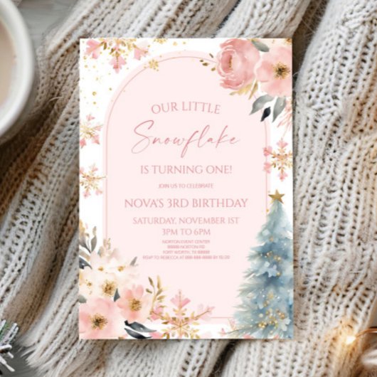 Invitation Notre Petit Flocon de neige rose fête d'anniversai