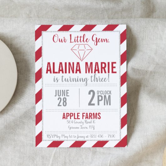 Invitation Notre petit Gem Ruby Parties scintillant Argent An