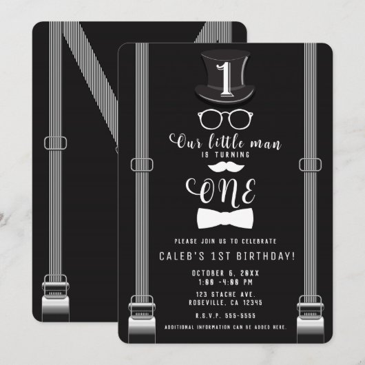 Invitation Notre petit homme Suspendu Hipster 1er anniversair (Devant / Derrière)