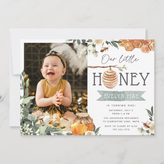 Invitation Notre petit miel | Bee Thème Photo Anniversaire (Devant)