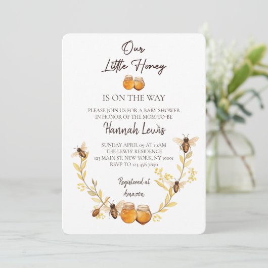 Invitation Notre petit miel est sur le chemin Baby shower (Debout devant)
