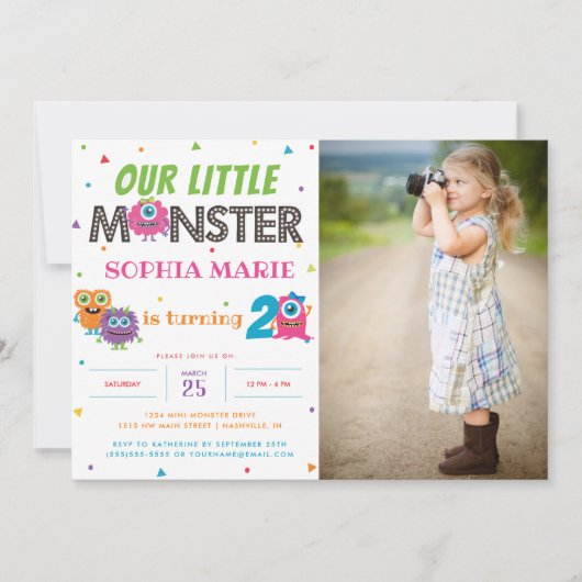 Invitation Notre petit Monster mignon photo rose Anniversaire (Devant)