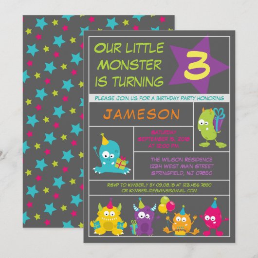 Invitation Notre petit monstre tourne l'invitation d'annivers (Devant / Derrière)
