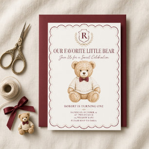 Invitation Notre petit ours préféré, noeud bordeaux en premie