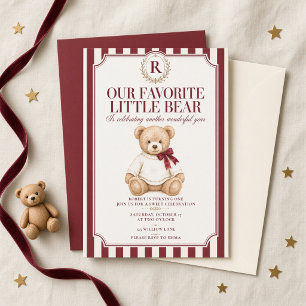 Invitation Notre petit ours préféré, noeud papillon bordeaux