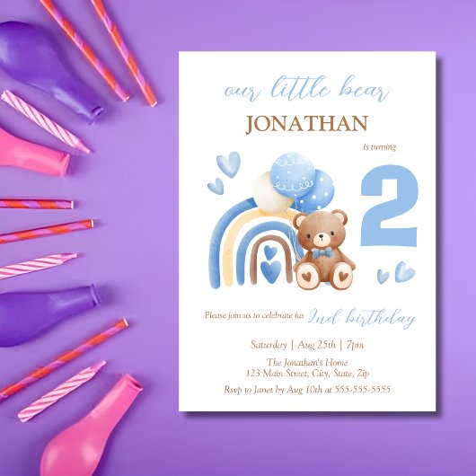 Invitation Notre petit ours Rainbow Balloon 2e anniversaire