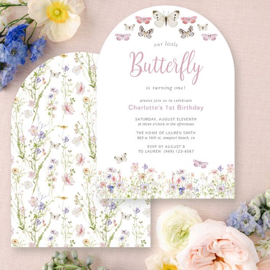 Invitation Notre Petit Papillon 1er Anniversaire Rose Aquarel