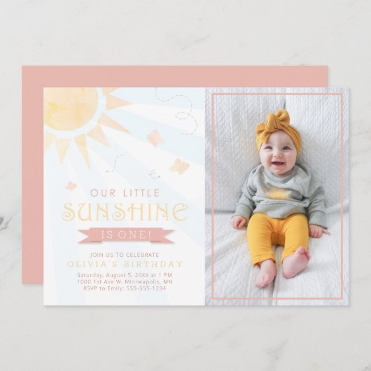 Invitation Notre petit papillon d'aquarelle soleil Anniversai (Devant / Derrière)