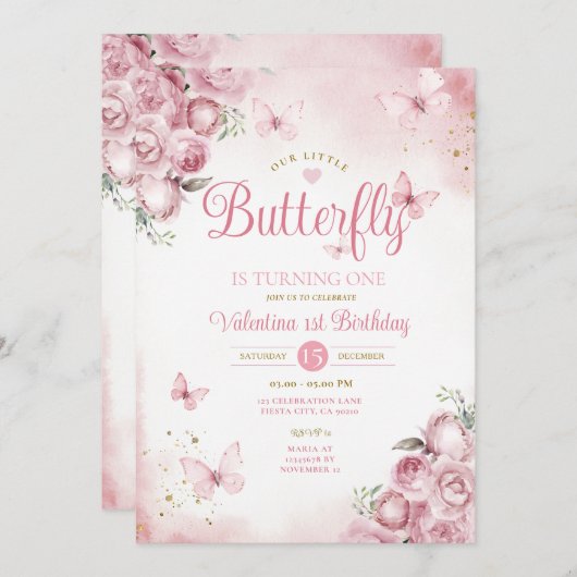 Invitation Notre petit papillon fête son premier anniversaire (Devant / Derrière)