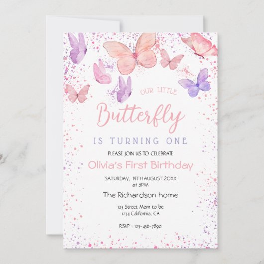 Invitation Notre petit papillon rose 1er anniversaire (Devant)