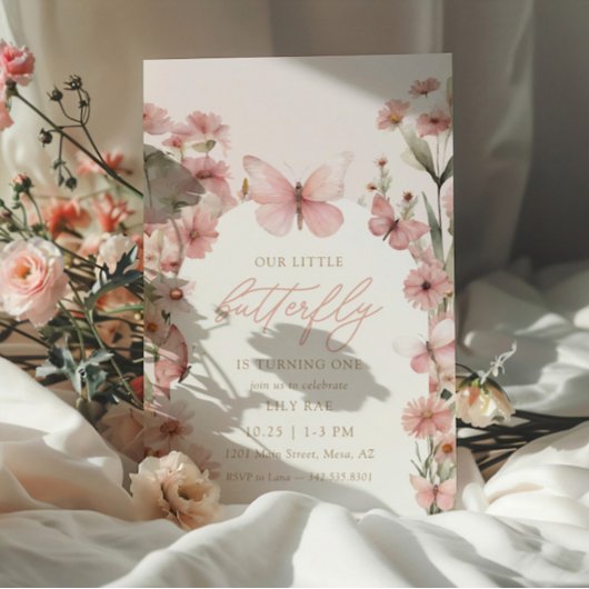 Invitation Notre petit papillon rose filles 1er anniversaire