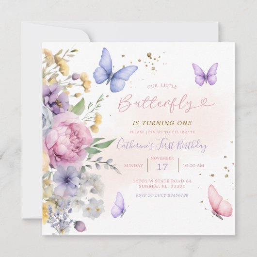 Invitation Notre petit papillon rose Fleur sauvage 1er annive (Devant)