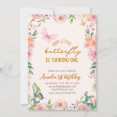 Invitation Notre petit papillon rose fleurie fille 1er annive (Devant)