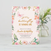 Invitation Notre petit papillon rose fleurie fille 1er annive (Debout devant)