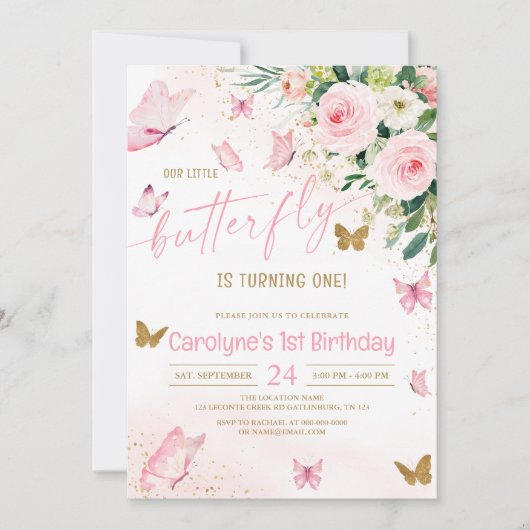 Invitation Notre Petit Papillon rose Floral Anniversaire (Devant)