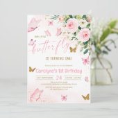 Invitation Notre Petit Papillon rose Floral Anniversaire (Debout devant)