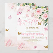 Invitation Notre Petit Papillon rose Floral Anniversaire (Devant / Derrière)