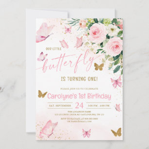 Invitation Notre Petit Papillon rose Floral Anniversaire