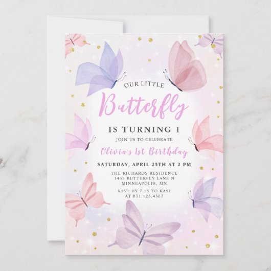 Invitation Notre Petit Papillon Rose Girls Anniversaire (Devant)