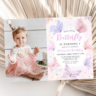 Invitation Notre Petit Papillon Rose Girls Photo Anniversaire