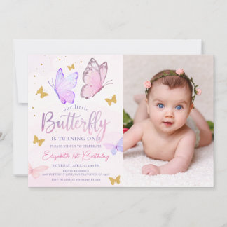 Invitation Notre Petit Papillon Rose Gold Girl Photo Annivers