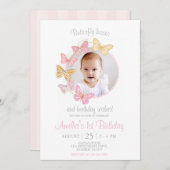 Invitation Notre petit papillon rose pourpre fille 1er annive (Devant / Derrière)