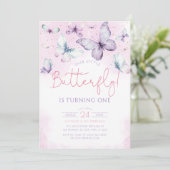 Invitation Notre Petit Papillon Rose Purple Girl Anniversaire (Debout devant)