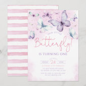 Invitation Notre Petit Papillon Rose Purple Girl Anniversaire (Devant / Derrière)