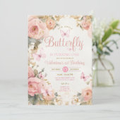 Invitation Notre Petit Papillon tourne une Fleur Rose (Debout devant)