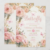 Invitation Notre Petit Papillon tourne une Fleur Rose (Devant / Derrière)