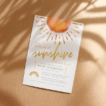 Invitation Notre Petit Rayon de Sunshine Boho Baby Boy Douche<br><div class="desc">Cette invitation au baby shower sucré présente un soleil d'aquarelle boho peint à la main au sommet de l'invitation, ainsi qu'un arc-en-ciel assorti en vert, orange et jaune. Le texte dit "notre petit rayon de soleil est presque là !" avec "soleil" en écriture or brossé. Les détails de votre événement...</div>