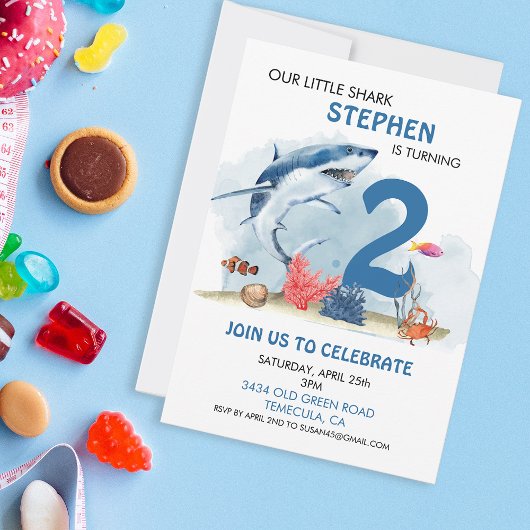 Invitation Notre petit requin Anniversaire avec l'âge Aquarel