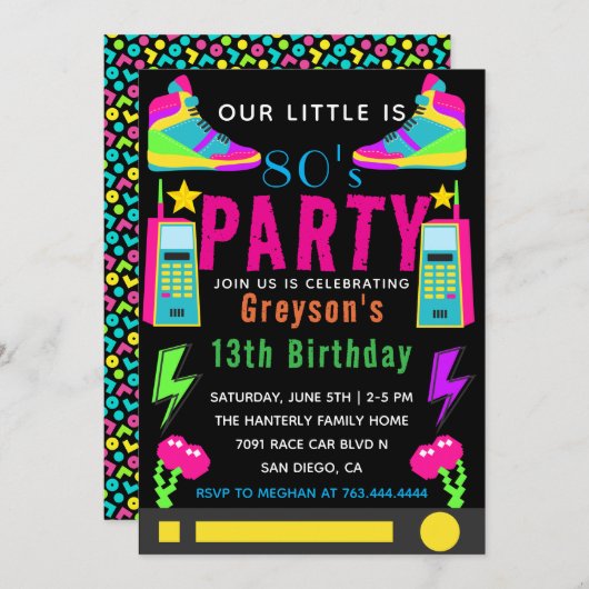 Invitation notre petit Retro Neon 80's 13th Birthday Party (Devant / Derrière)
