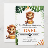 Invitation Notre petit roi Lion Couronne 1er anniversaire (Devant / Derrière)