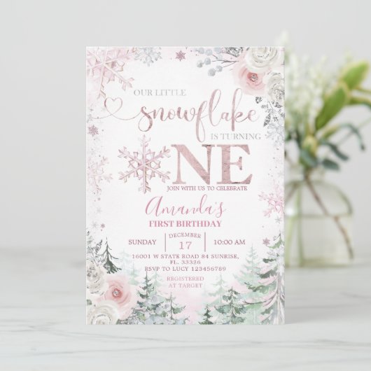 Invitation Notre petit Snowflake Pastel Fleurs roses Annivers (Debout devant)